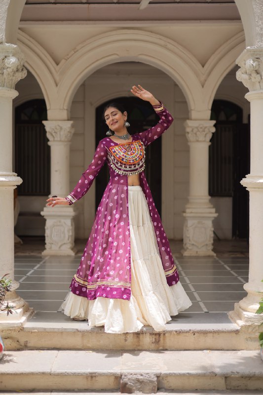 Womenline Purple Color Bandhani Print Kurti With Kora Cotton Lehenga