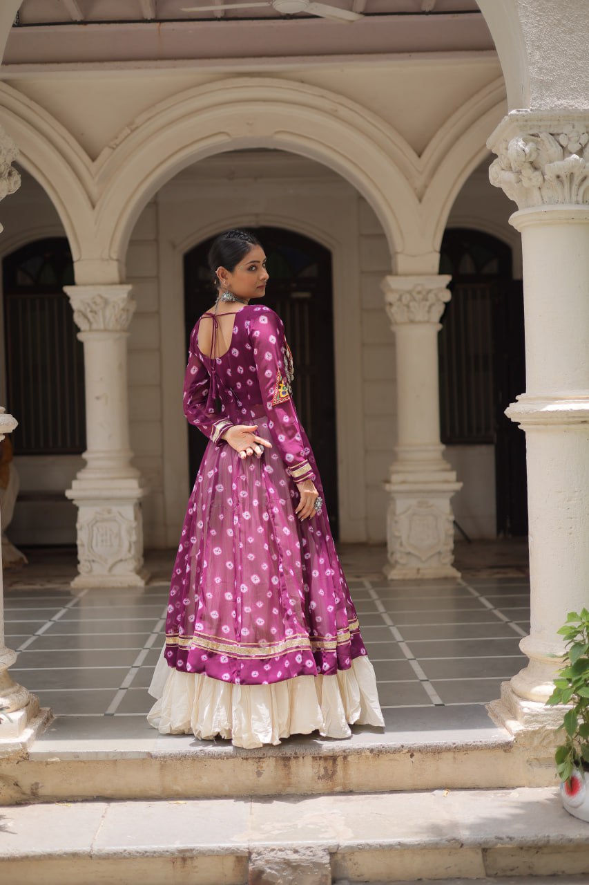 Womenline Purple Color Bandhani Print Kurti With Kora Cotton Lehenga