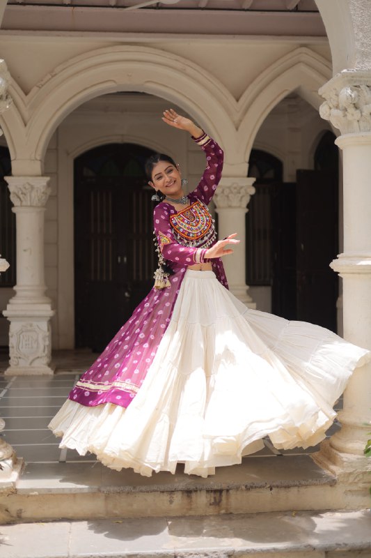 Womenline Purple Color Bandhani Print Kurti With Kora Cotton Lehenga