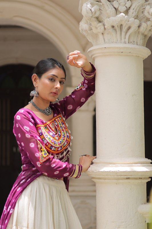 Womenline Purple Color Bandhani Print Kurti With Kora Cotton Lehenga