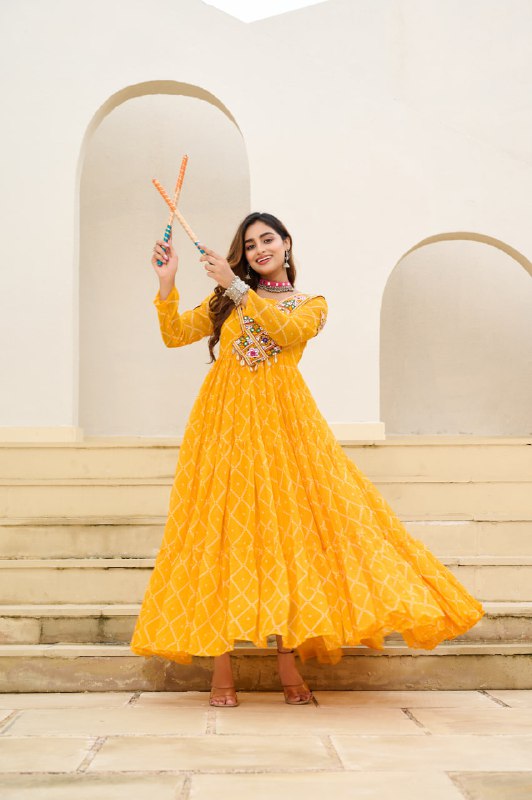 Womenline Traditional Yellow Color Georgette Navratri Gown