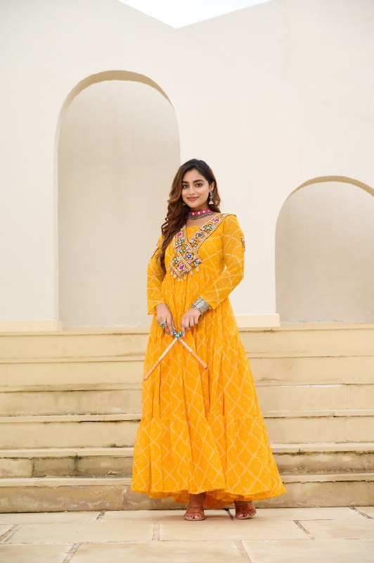 Womenline Traditional Yellow Color Georgette Navratri Gown
