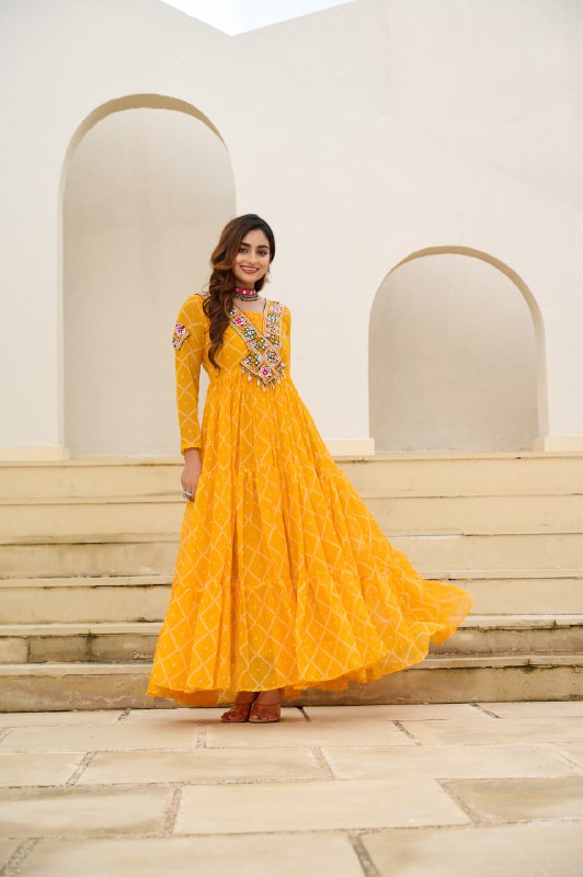 Womenline Traditional Yellow Color Georgette Navratri Gown