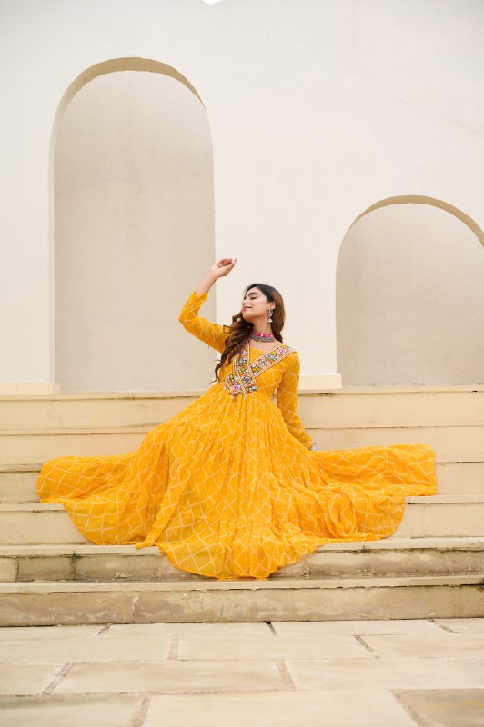 Womenline Traditional Yellow Color Georgette Navratri Gown