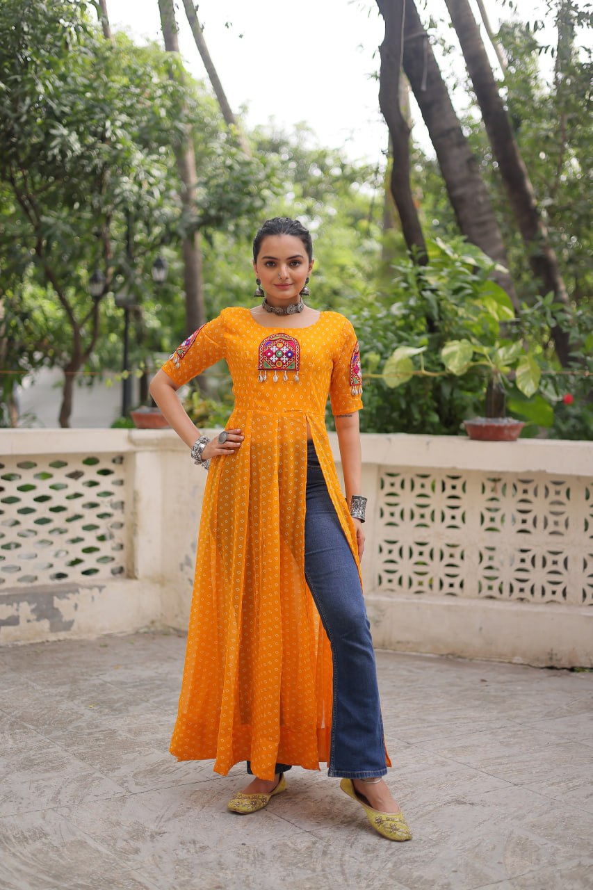 Womenline Yellow Color Faux Georgette Navratri Kurti