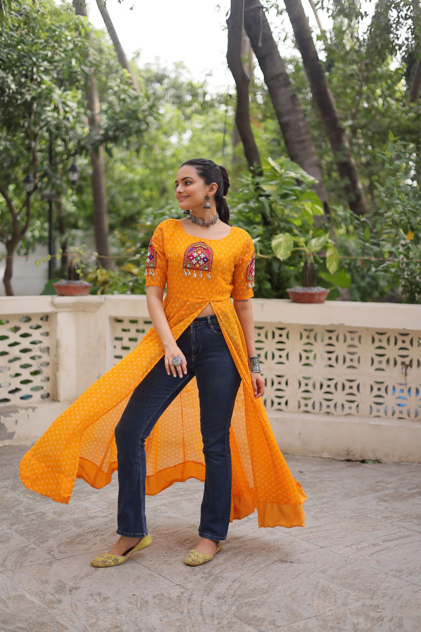 Womenline Yellow Color Faux Georgette Navratri Kurti