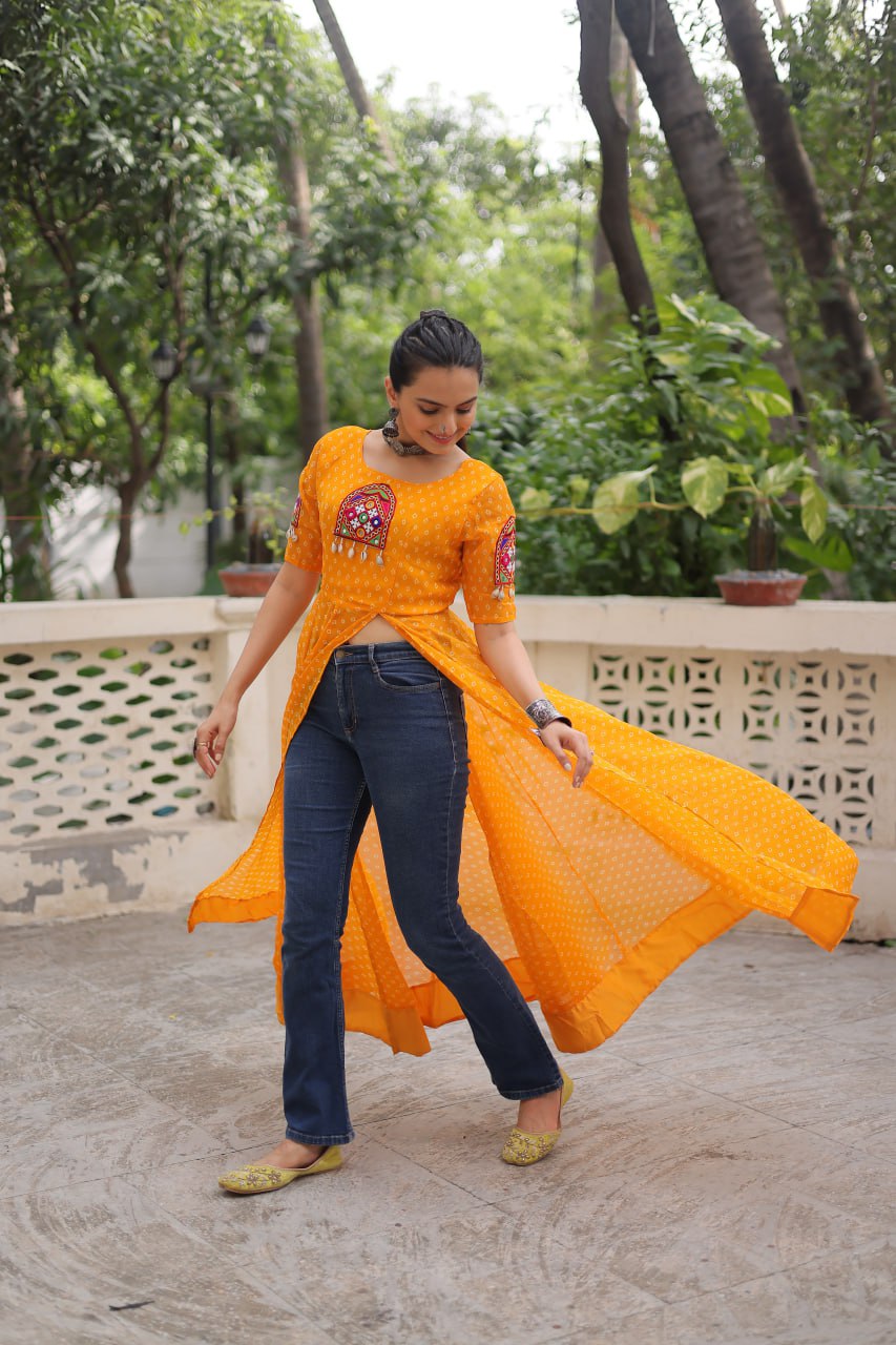 Womenline Yellow Color Faux Georgette Navratri Kurti