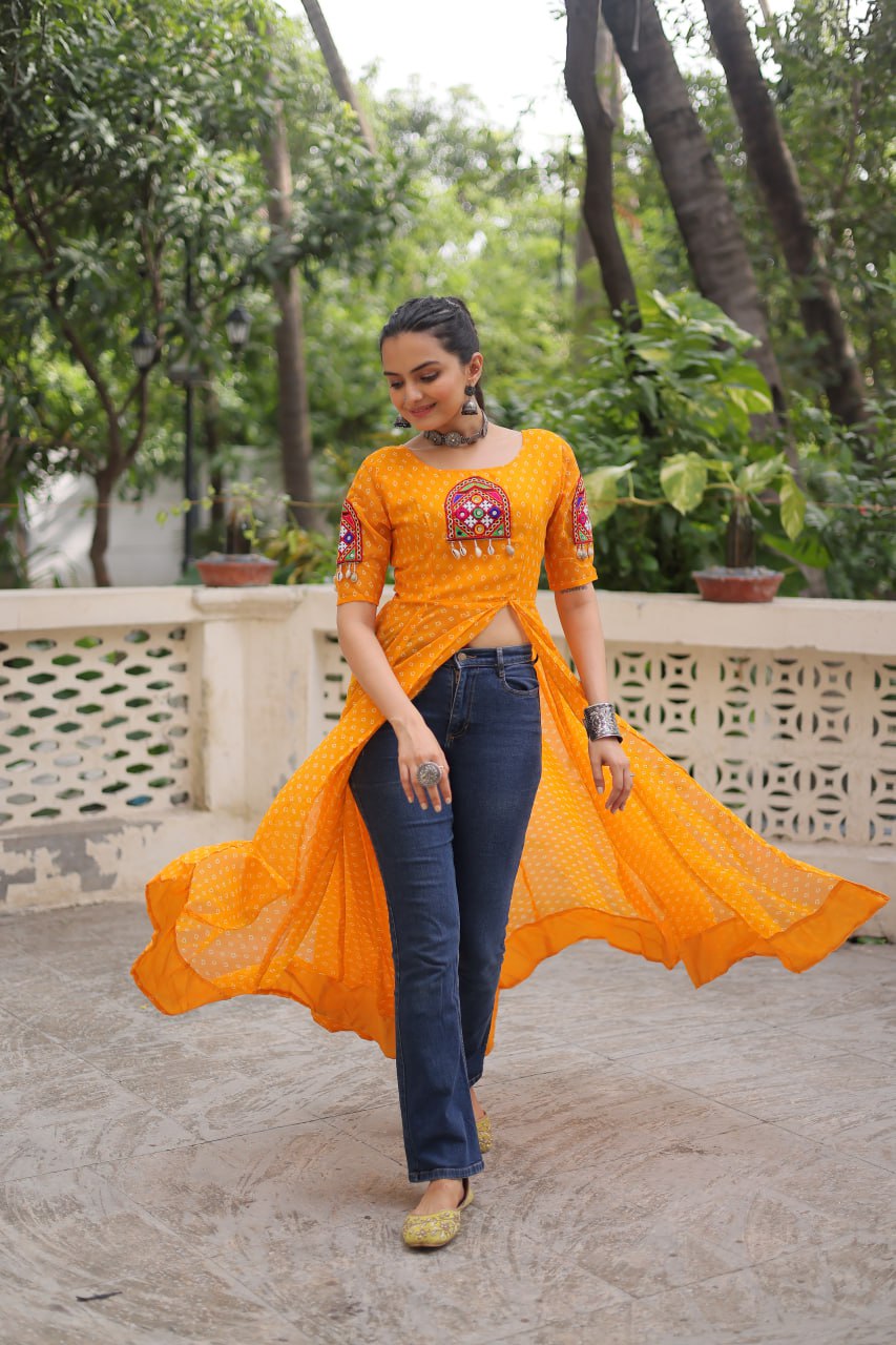 Womenline Yellow Color Faux Georgette Navratri Kurti