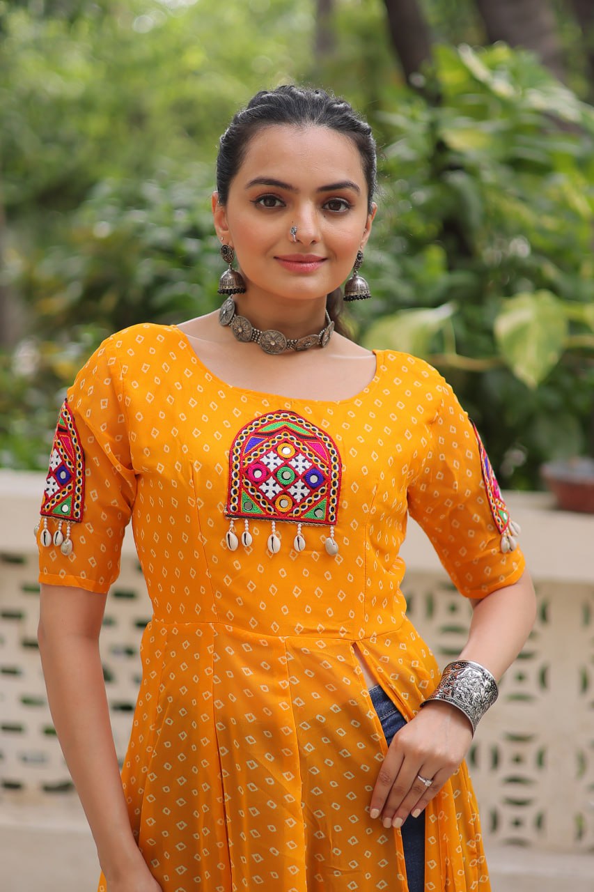 Womenline Yellow Color Faux Georgette Navratri Kurti