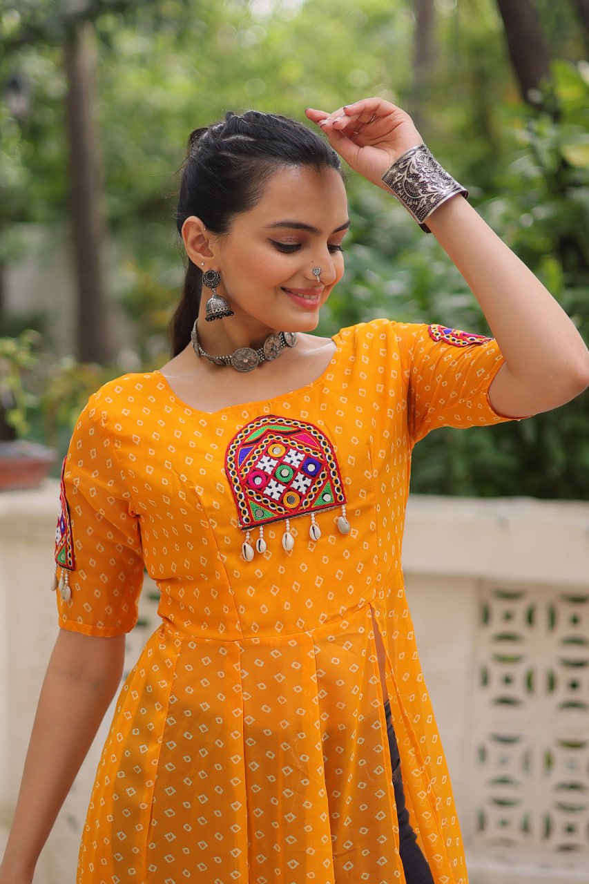 Womenline Yellow Color Faux Georgette Navratri Kurti