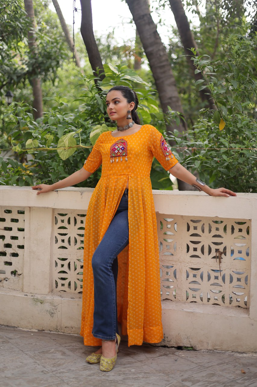 Womenline Yellow Color Faux Georgette Navratri Kurti