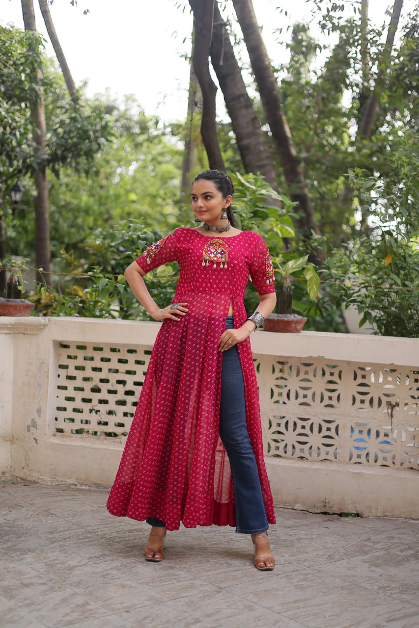 Womenline Pink Color Faux Georgette Navratri Kurti