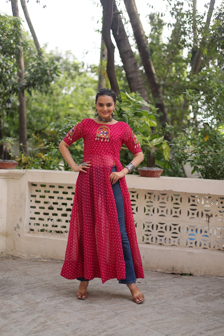 Womenline Pink Color Faux Georgette Navratri Kurti