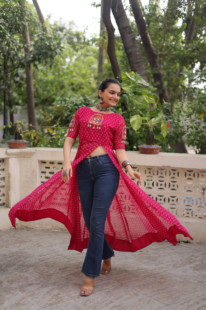 Womenline Pink Color Faux Georgette Navratri Kurti