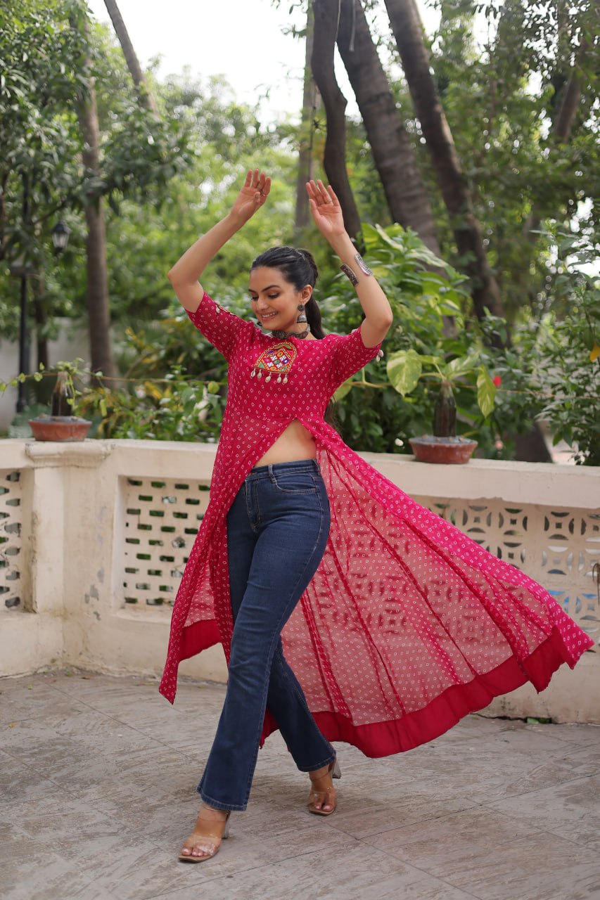 Womenline Pink Color Faux Georgette Navratri Kurti