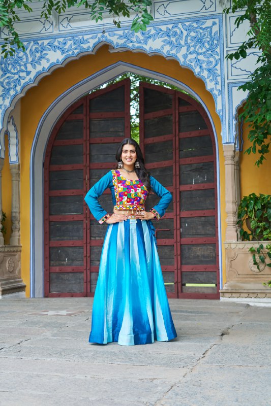 Womenline Sky Blue Color Chinnon Pedding Navratri Lehenga Choli
