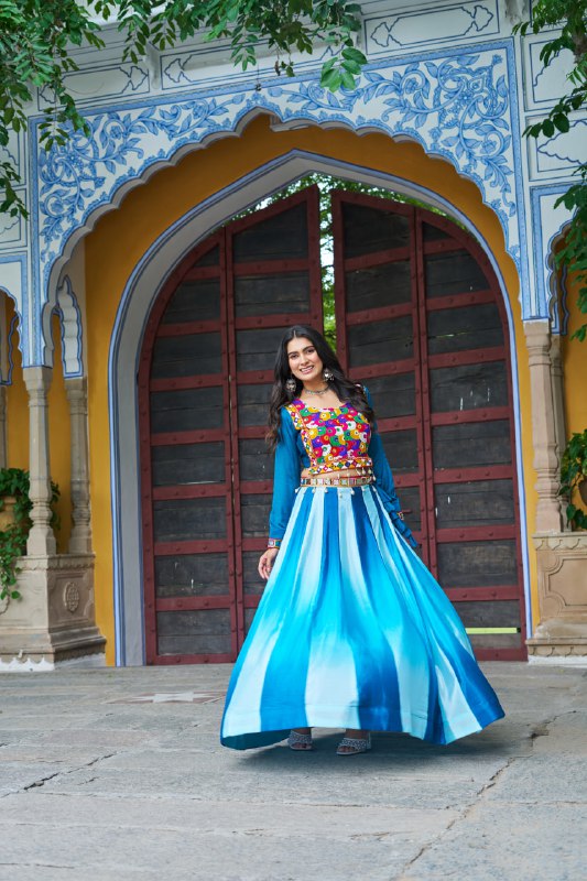 Womenline Sky Blue Color Chinnon Pedding Navratri Lehenga Choli