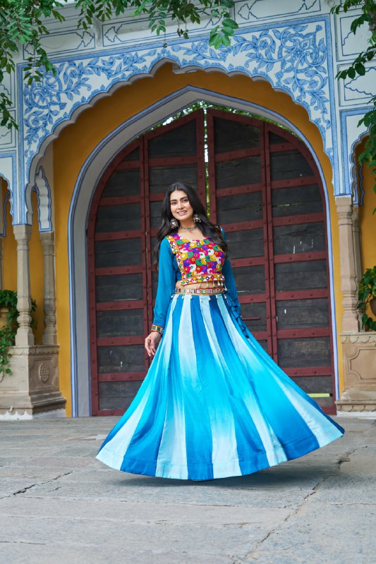 Womenline Sky Blue Color Chinnon Pedding Navratri Lehenga Choli