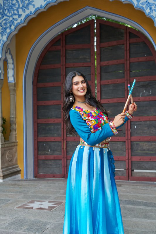 Womenline Sky Blue Color Chinnon Pedding Navratri Lehenga Choli