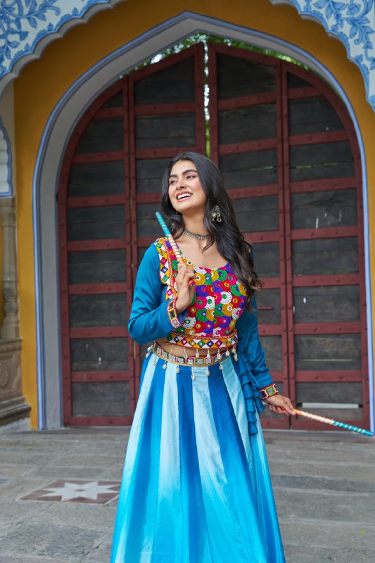 Womenline Sky Blue Color Chinnon Pedding Navratri Lehenga Choli