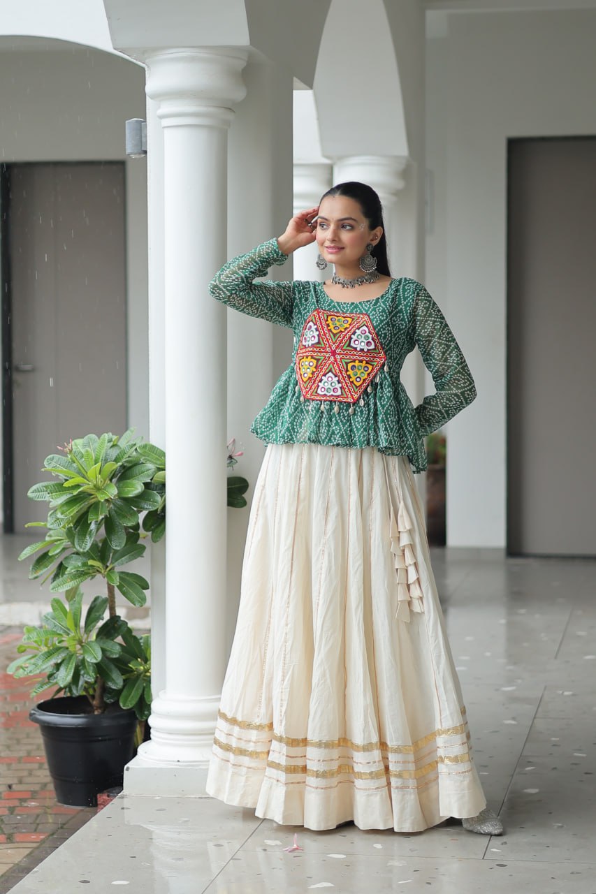 Womenline Green Color Kora Cotton Navratri Lehenga Choli