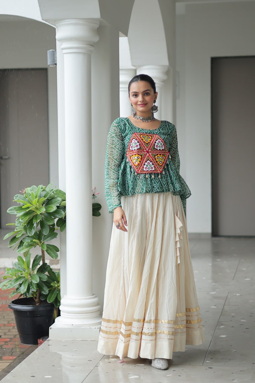 Womenline Green Color Kora Cotton Navratri Lehenga Choli