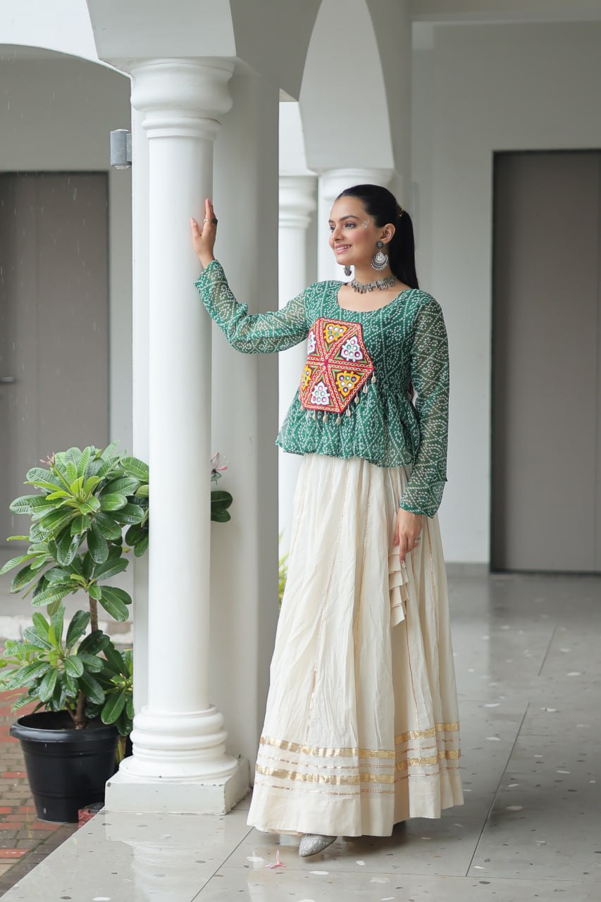 Womenline Green Color Kora Cotton Navratri Lehenga Choli