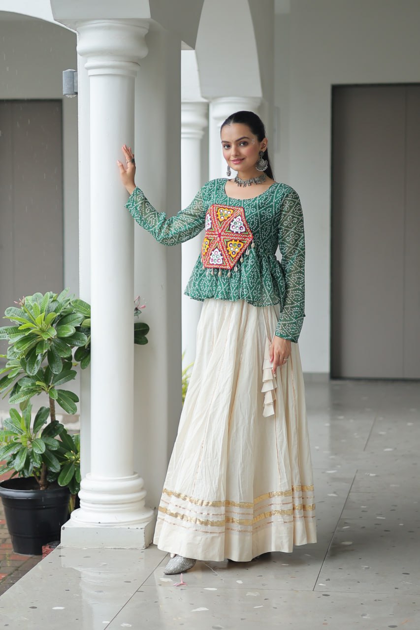 Womenline Green Color Kora Cotton Navratri Lehenga Choli