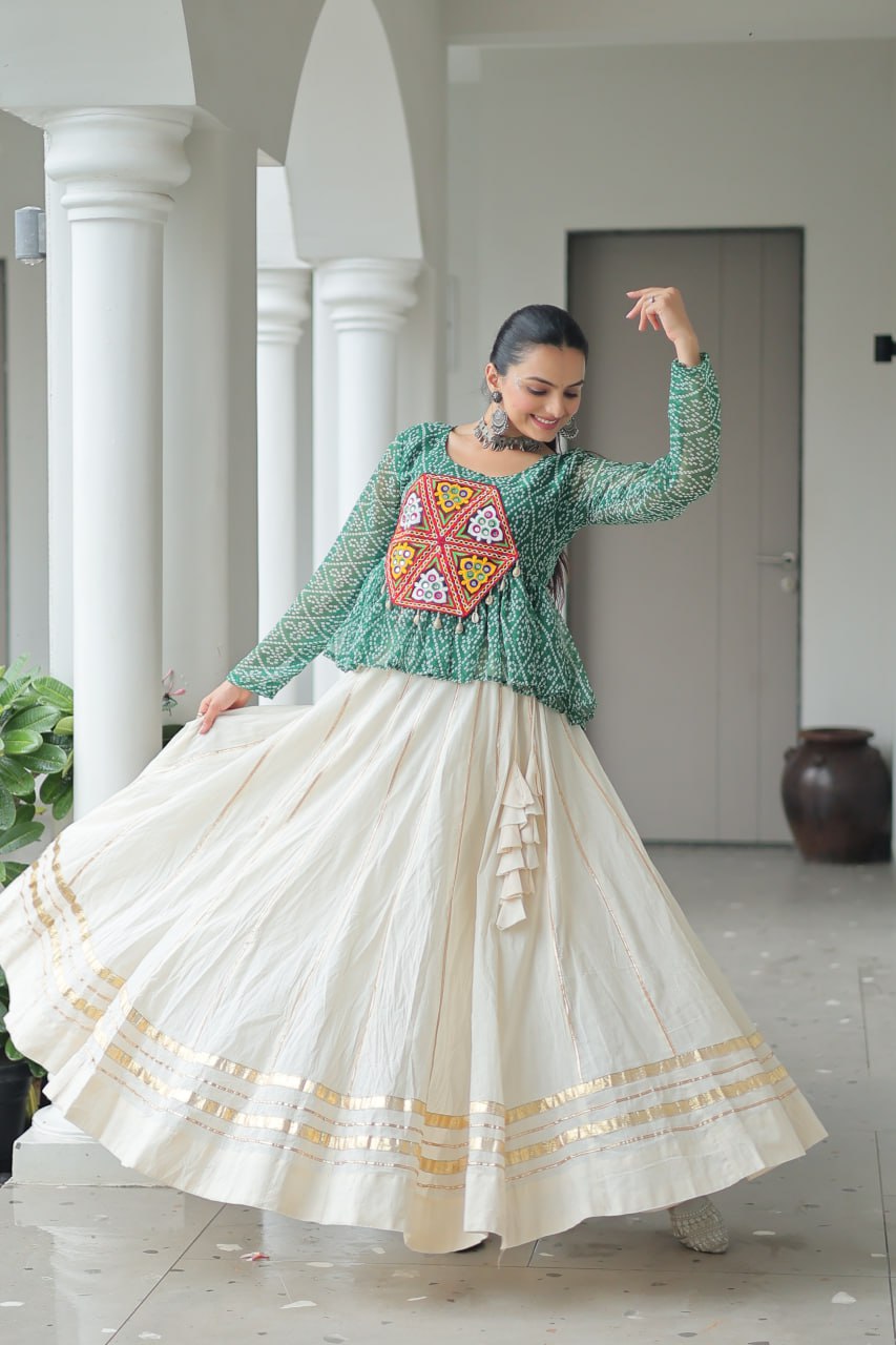 Womenline Green Color Kora Cotton Navratri Lehenga Choli