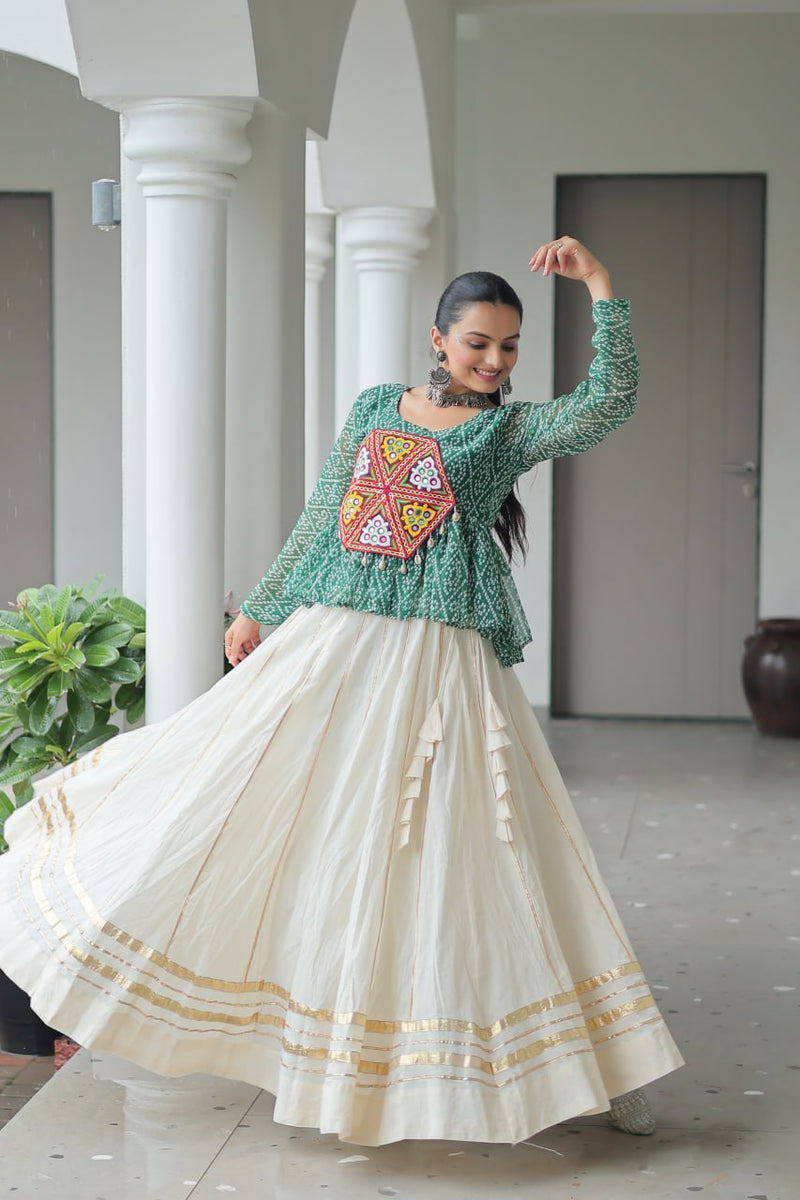 Womenline Green Color Kora Cotton Navratri Lehenga Choli