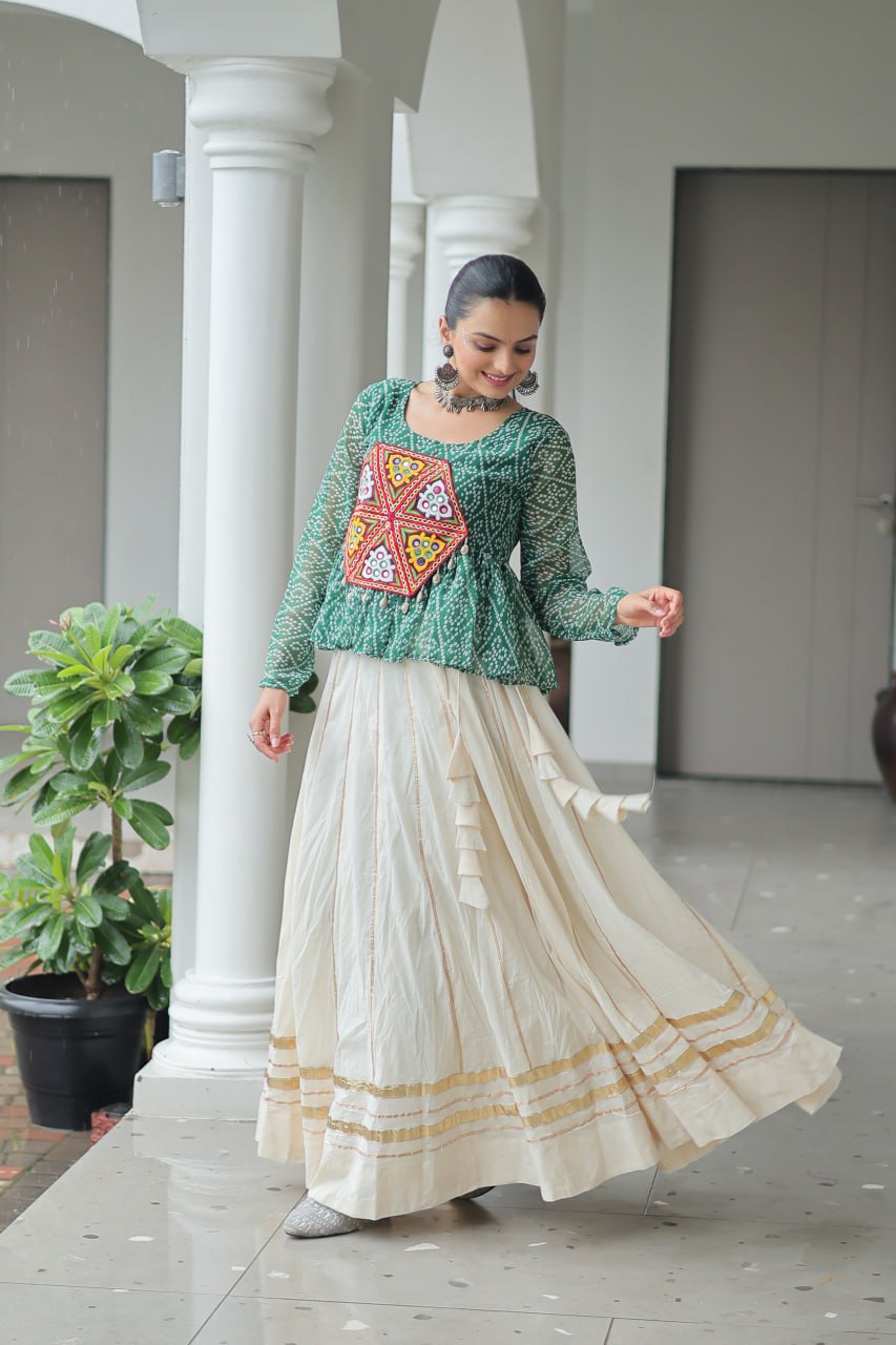 Womenline Green Color Kora Cotton Navratri Lehenga Choli