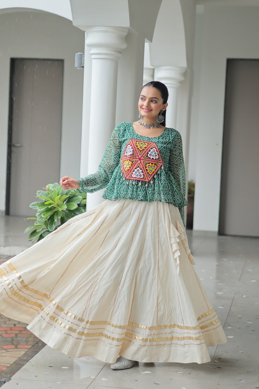 Womenline Green Color Kora Cotton Navratri Lehenga Choli