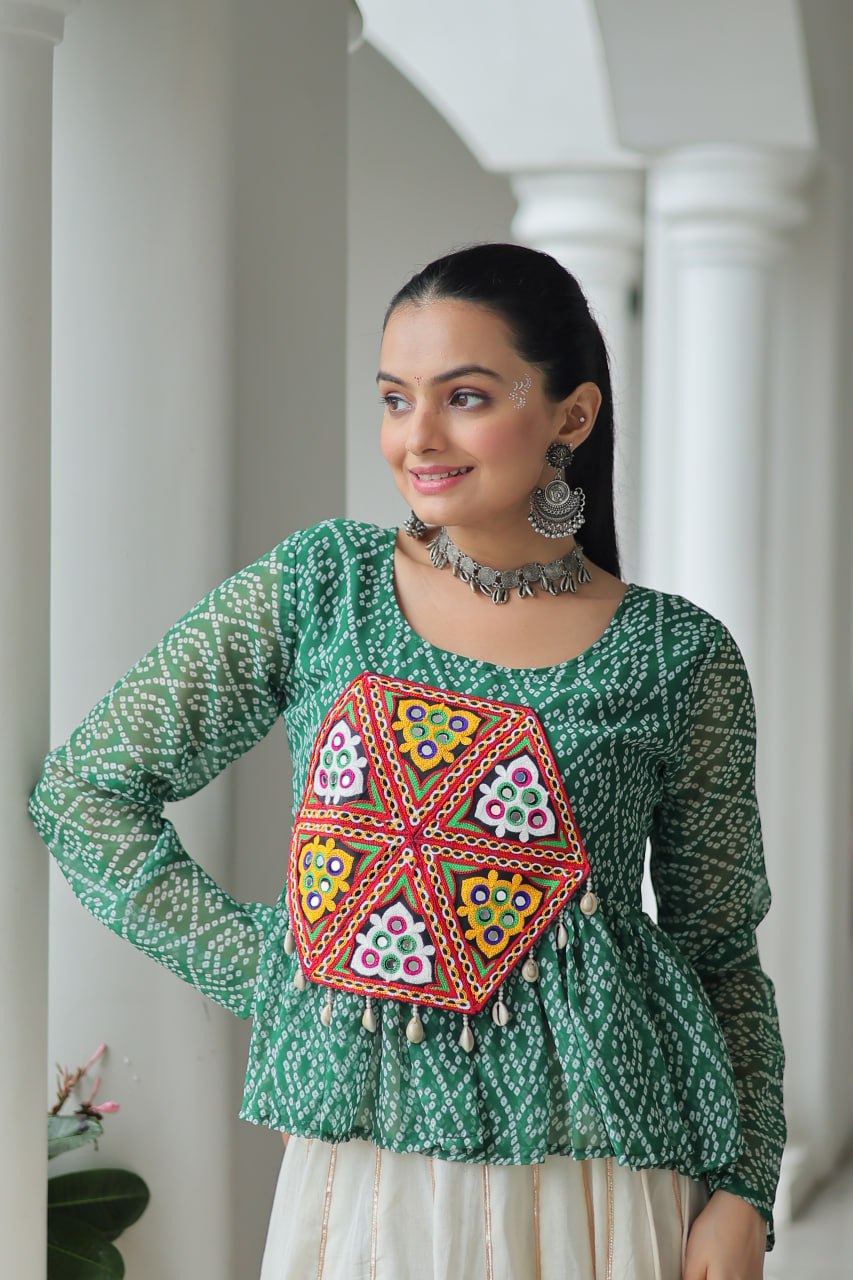 Womenline Green Color Kora Cotton Navratri Lehenga Choli