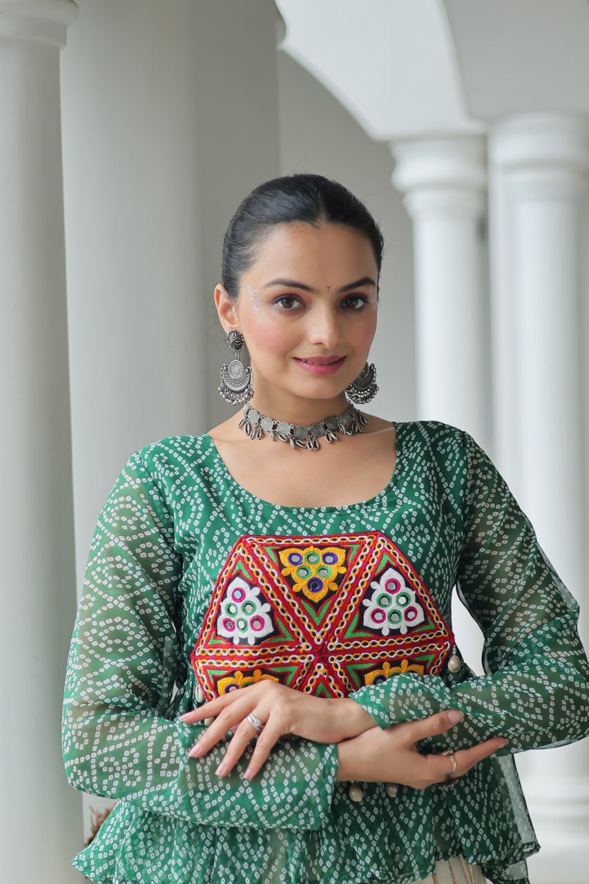 Womenline Green Color Kora Cotton Navratri Lehenga Choli