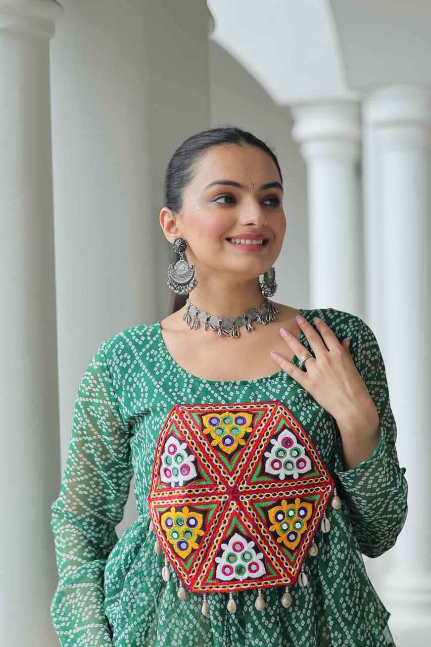 Womenline Green Color Kora Cotton Navratri Lehenga Choli