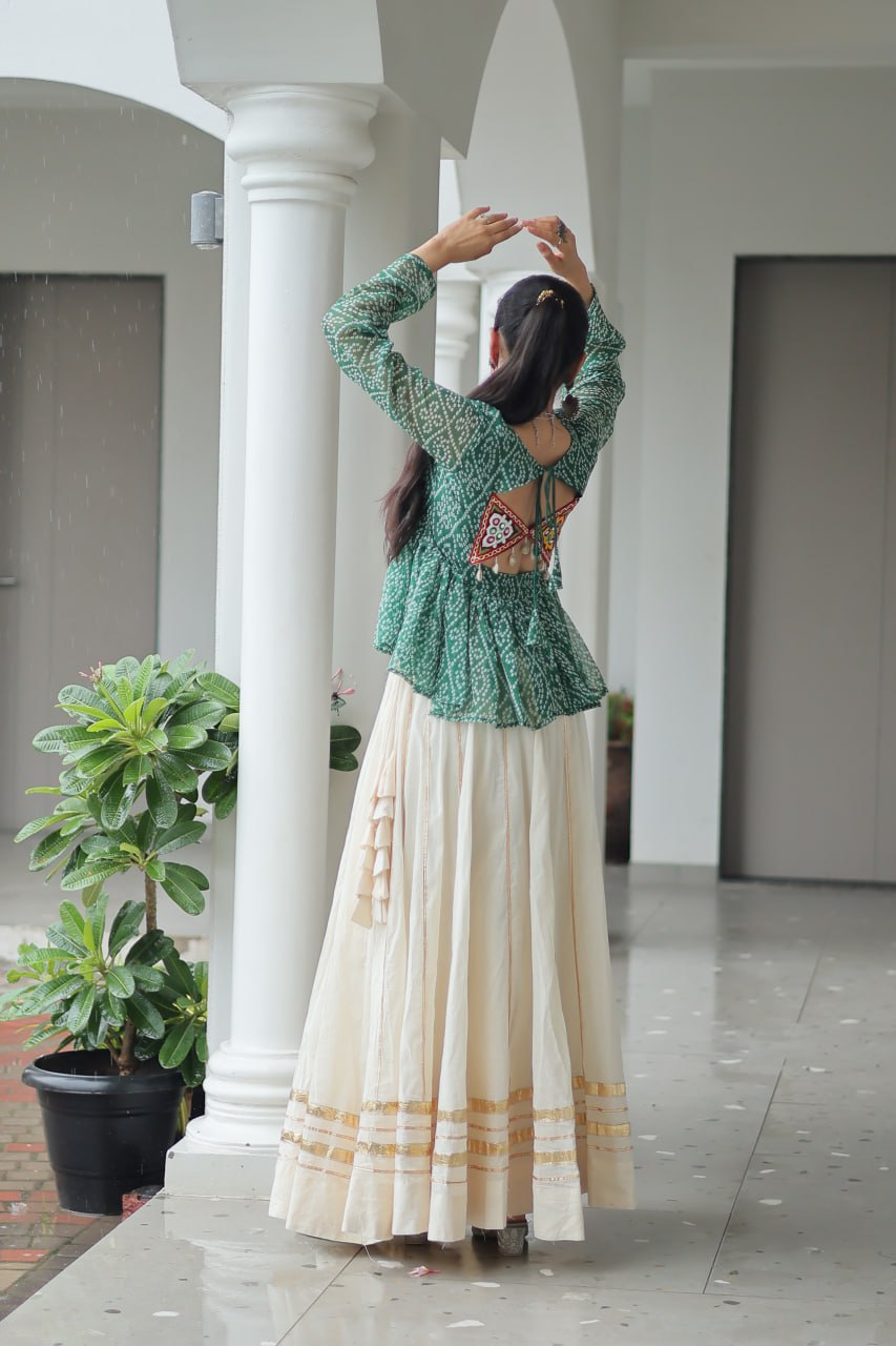 Womenline Green Color Kora Cotton Navratri Lehenga Choli