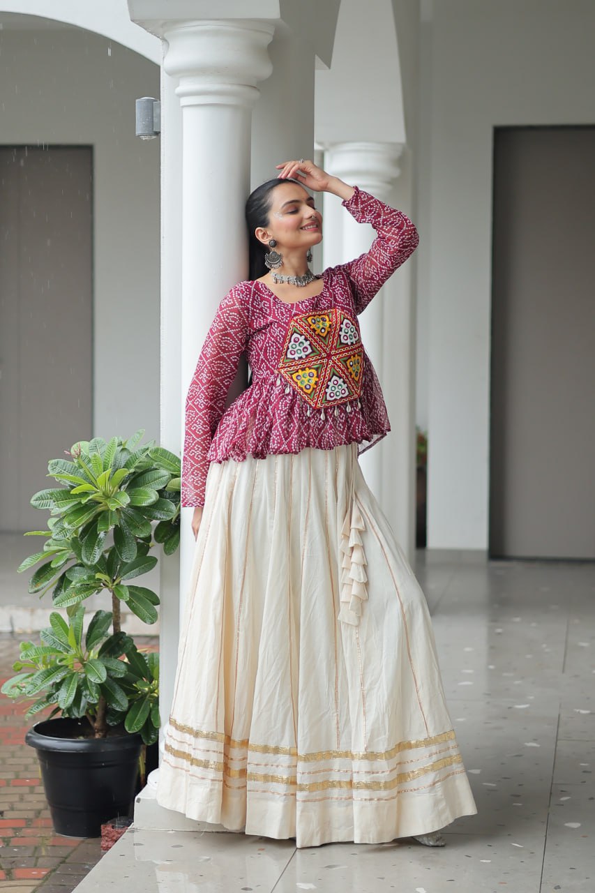 Womenline Wine Color Kora Cotton Navratri Lehenga Choli