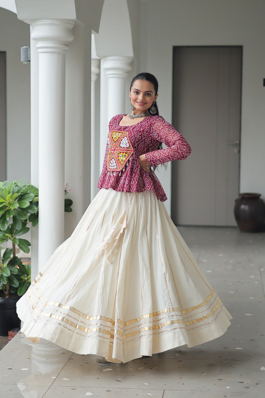 Womenline Wine Color Kora Cotton Navratri Lehenga Choli