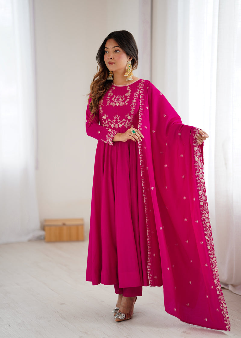 Womenline Rani Pink Color Chanderi Silk Three Piece Anarkali Suit