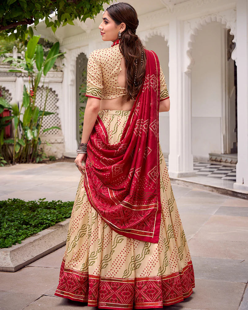 Womenline Elegant Off-White Color Tussar Silk Bandhej Navratri Lehenga Choli