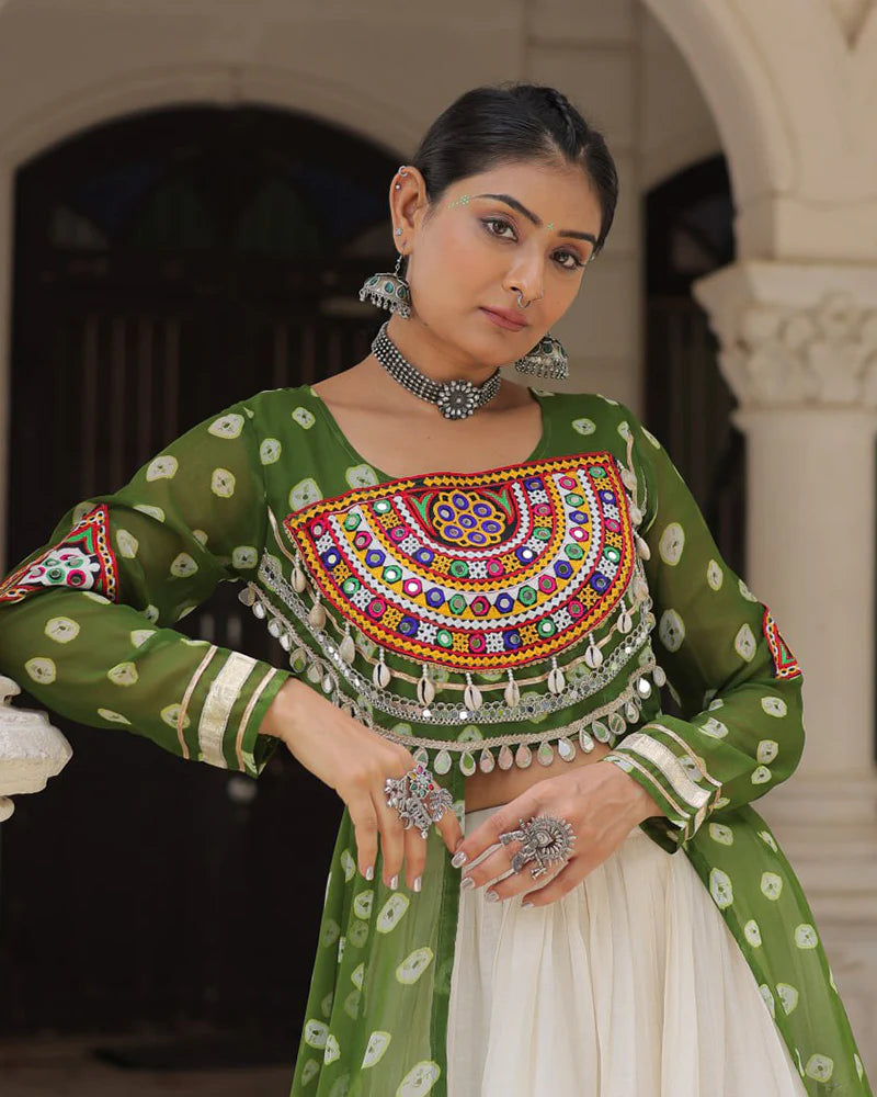Womenline Parrot Green Color Bandhani Print Kurti With Kora Cotton Lehenga