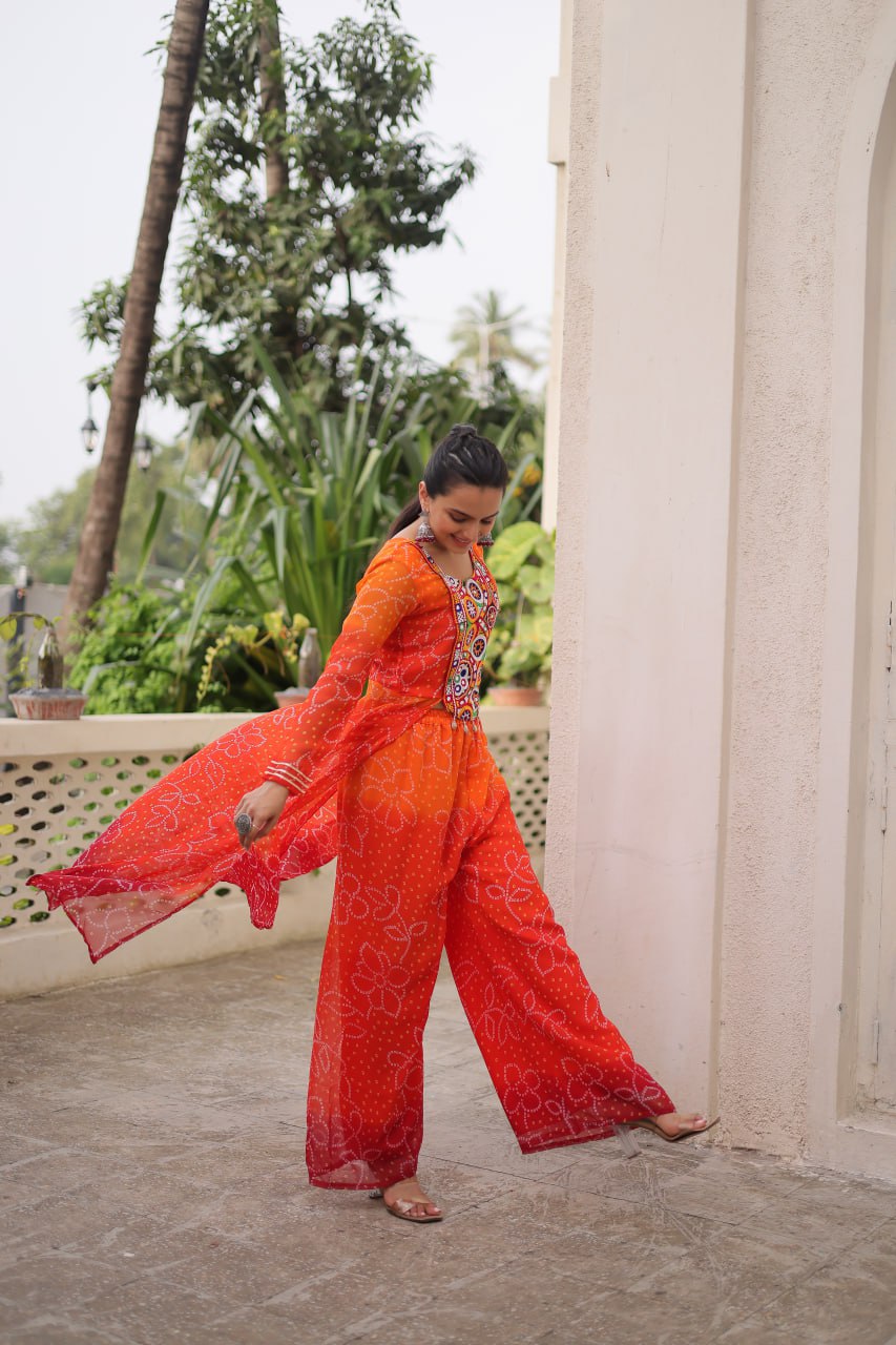 Womenline Orange Colour Bandhani Print Navratri kurti