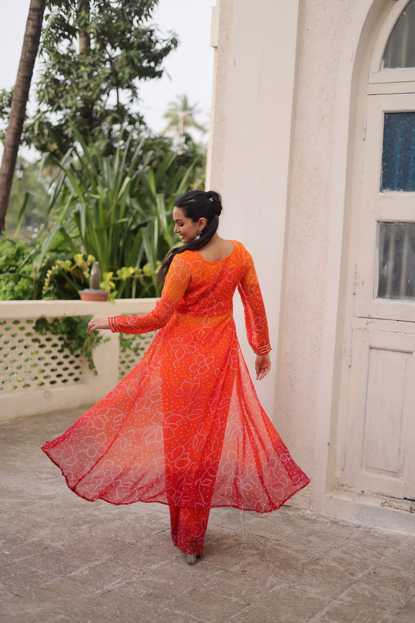 Womenline Orange Colour Bandhani Print Navratri kurti