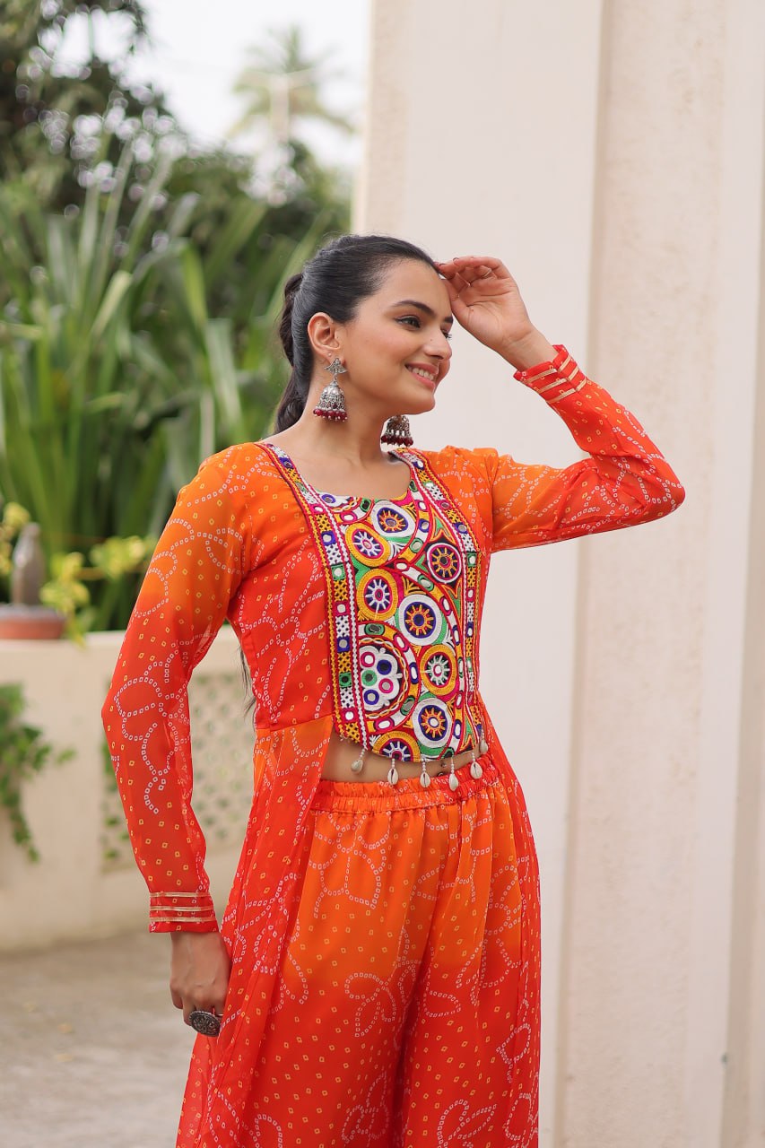 Womenline Orange Colour Bandhani Print Navratri kurti