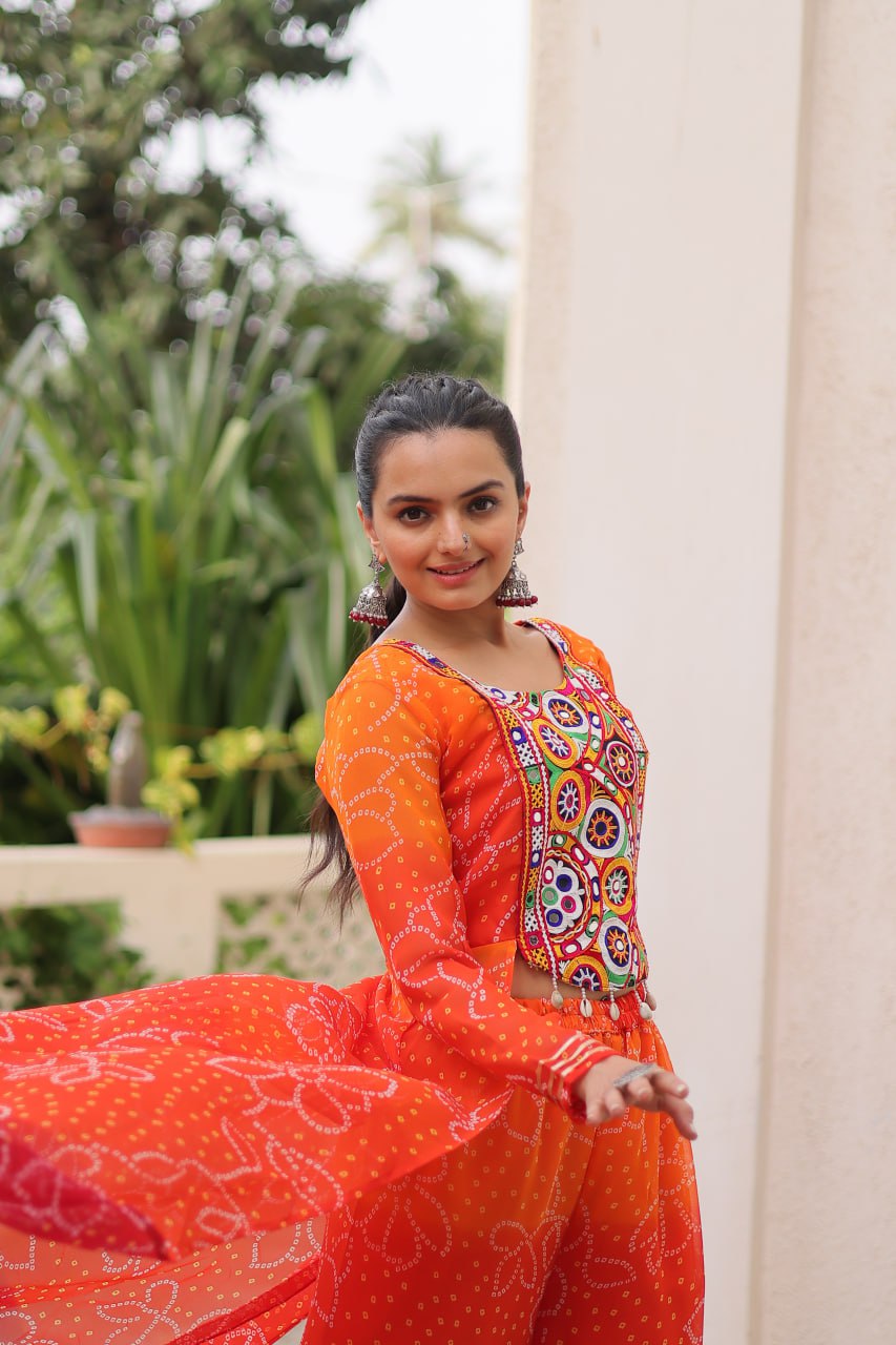 Womenline Orange Colour Bandhani Print Navratri kurti
