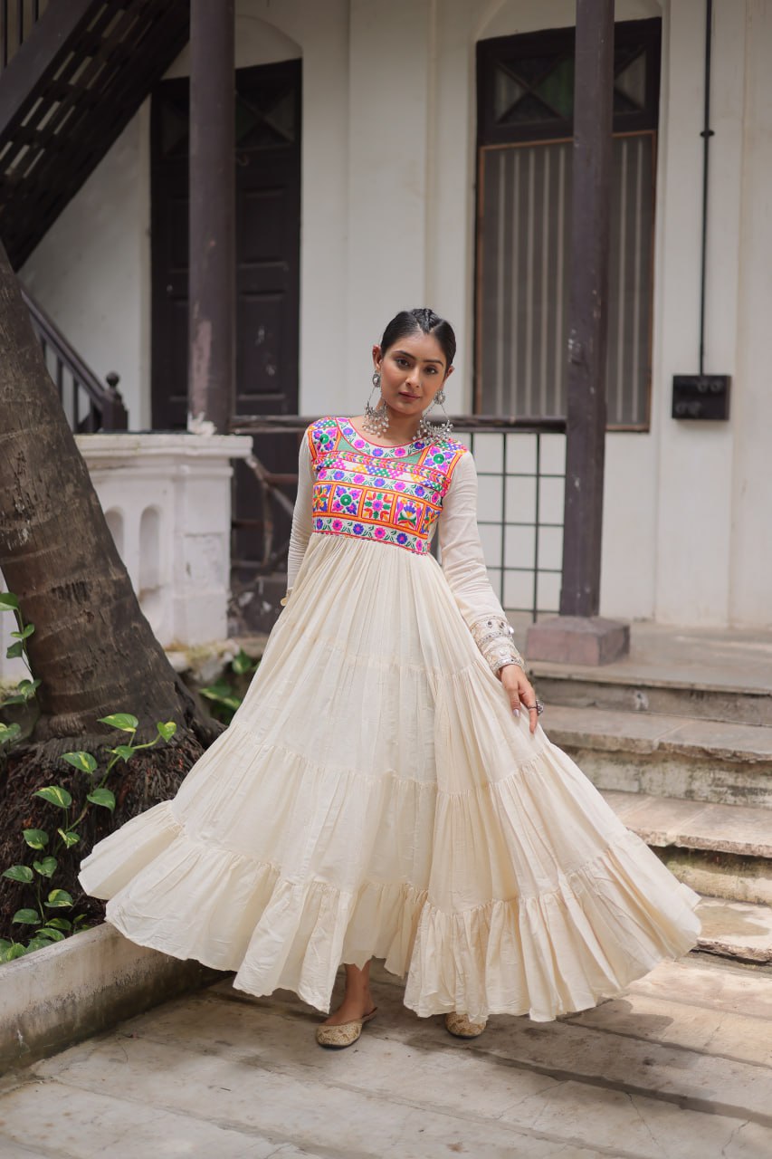 Womenline Off White Color Kora Cotton Navratri Gown
