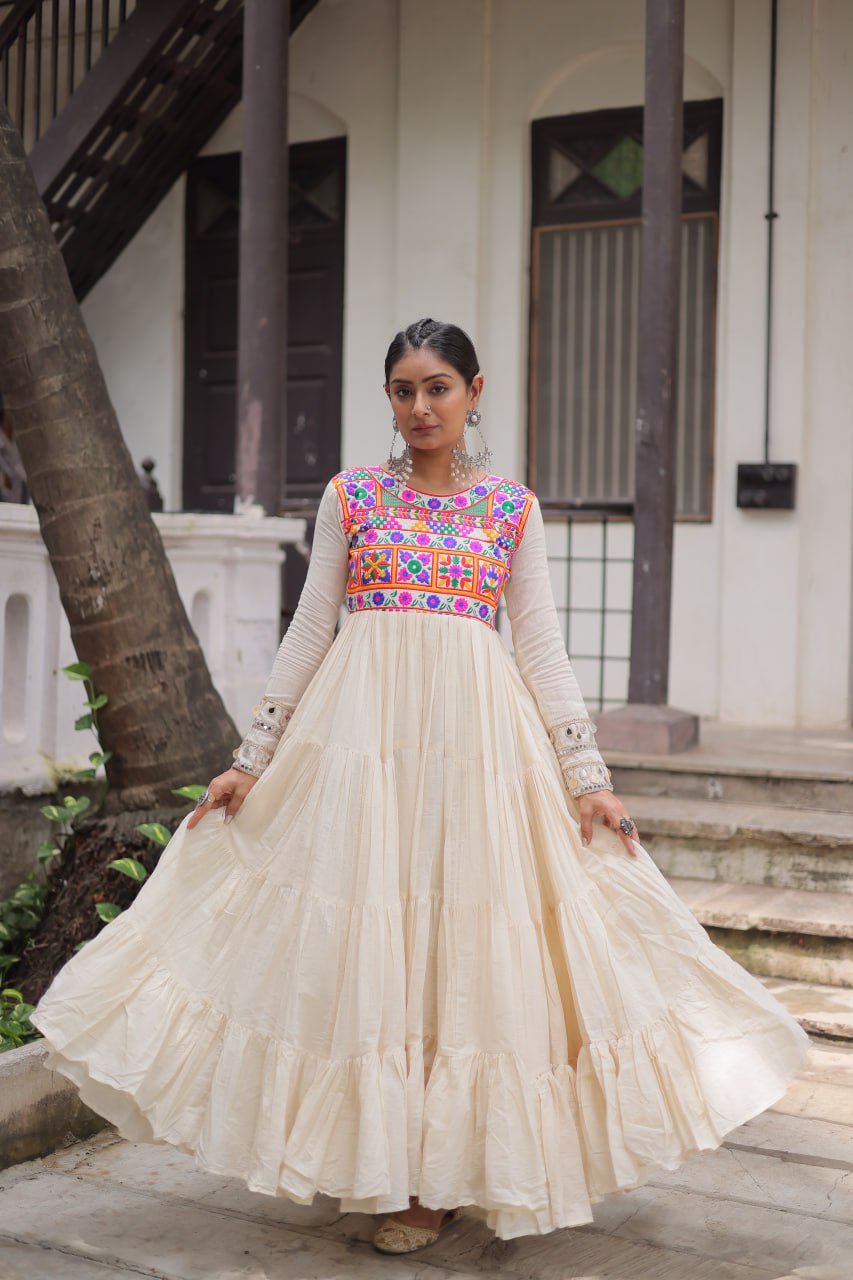 Womenline Off White Color Kora Cotton Navratri Gown