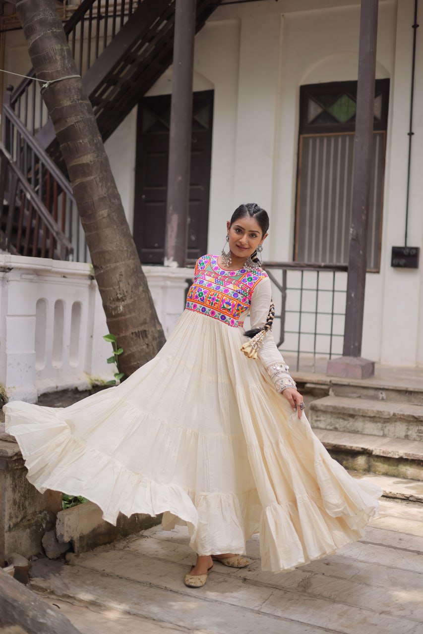Womenline Off White Color Kora Cotton Navratri Gown