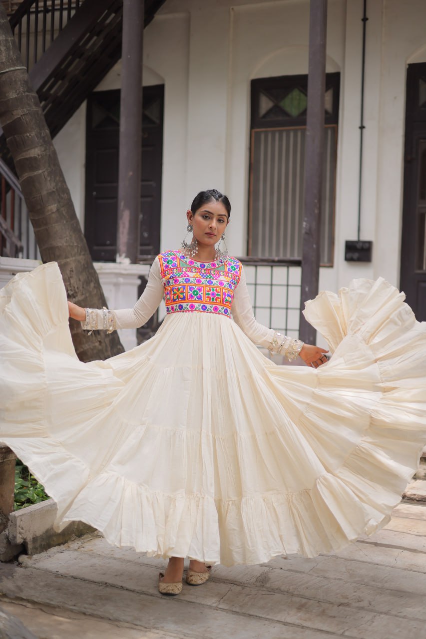 Womenline Off White Color Kora Cotton Navratri Gown