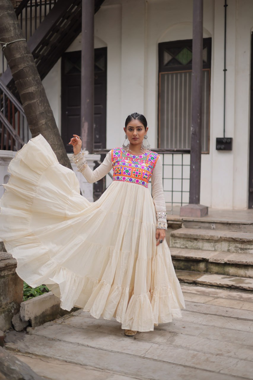 Womenline Off White Color Kora Cotton Navratri Gown